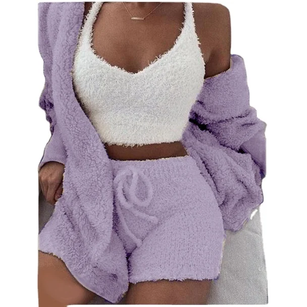 
Fashion Women Winter Sleepwear Pajama Sets Solid Plush Hooded Vest Robe Shorts Sleepwear  (1600125383996)