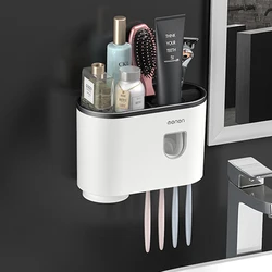Automatic tooth paste toothpaste dispenser with tooth brush toothbrush holder and auto pump rolling squeezer kit set wall mount