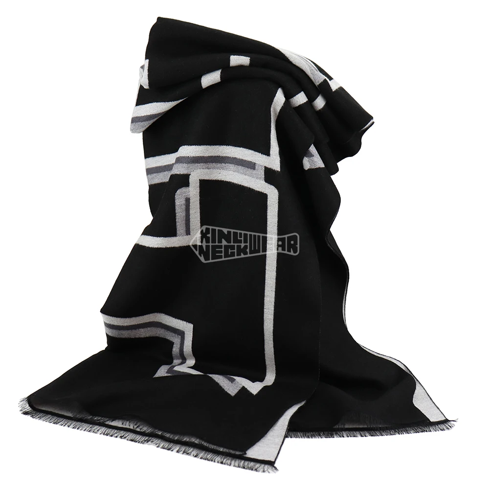 Women Winter Jacquard Fabric Shawls Oversized Custom Soft Black Geometric Mens Viscose Scarf