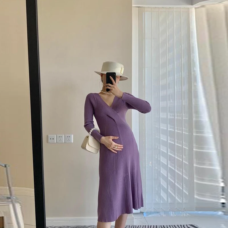 Fashion Maternity Long Sleeve Dress Elegant Maternity Breathable Dress Maternity Sweater Dresses