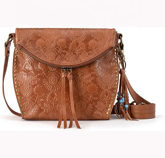 Haoen Wholesale Manufacturer Western Bohemian Hand Tooling Cowhide Leather Crossbody Bag