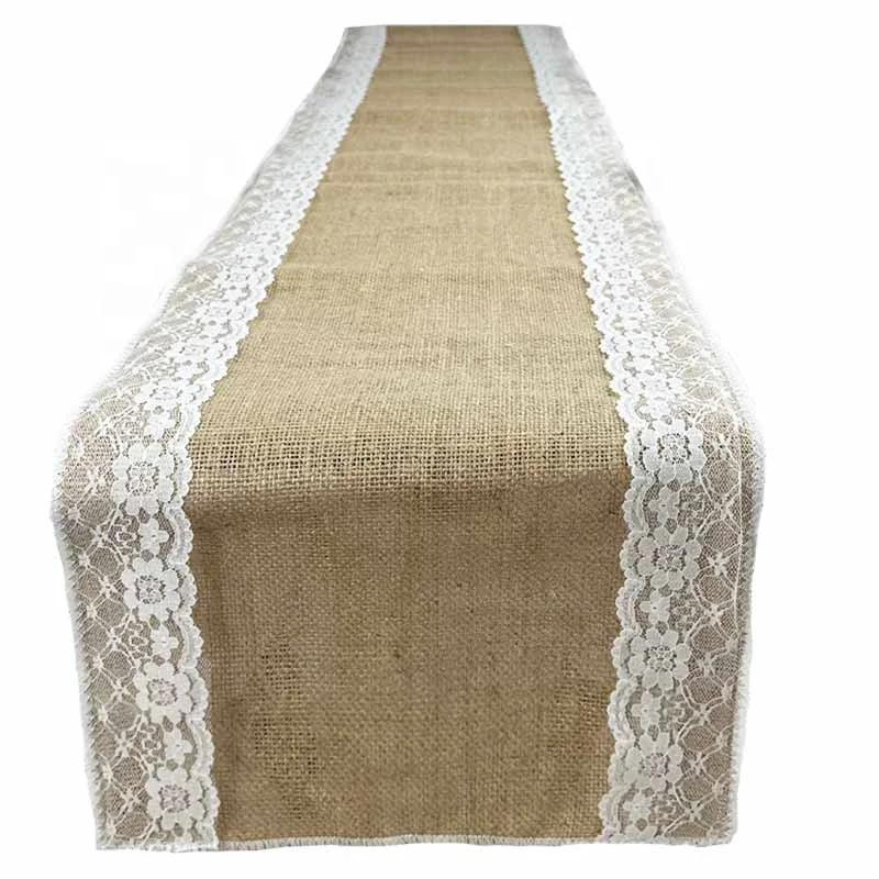 Luxury Farmhouse White Lace Burlap Table Runners for Kitchen Living Dining