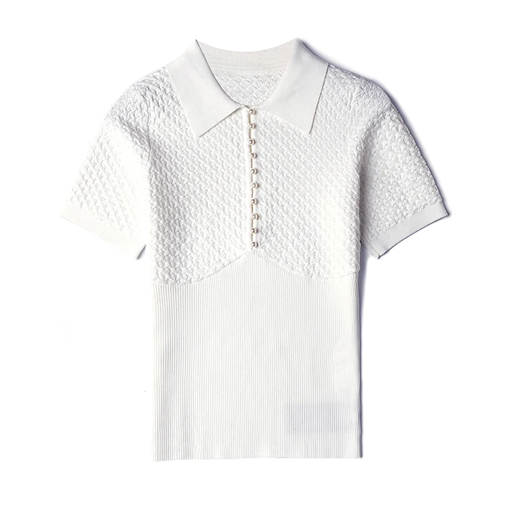 2021 Summer Wholesale Manufacturer Factory Summer Turn Down Button Up Knit Sweater Short Sleeve Young Lady Polo Sweater