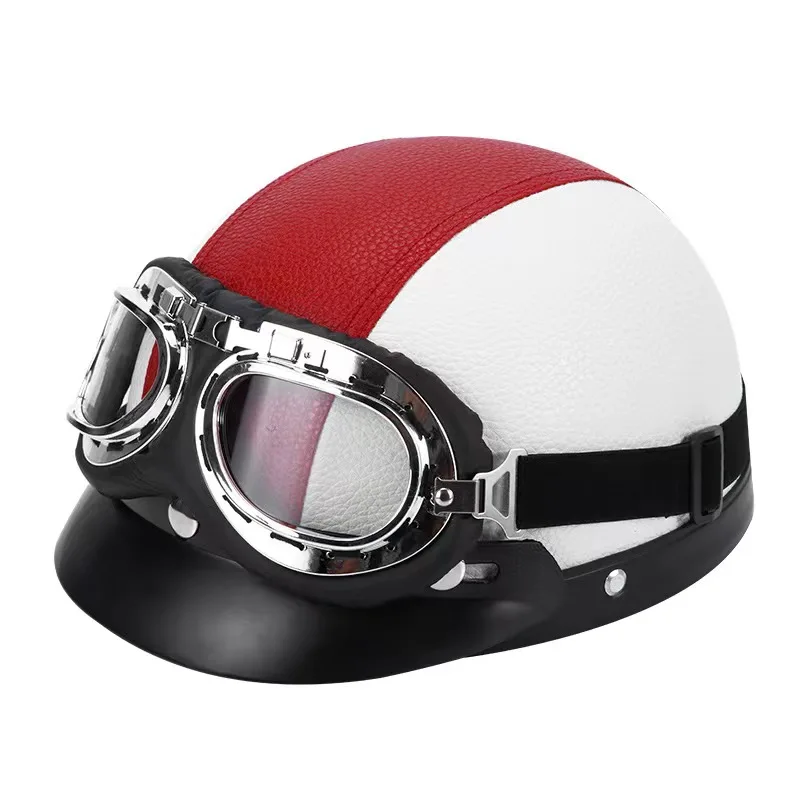 Motor Synthetic Leather Vintage Motorcycle Motorbike Scooter Helmets with Goggles