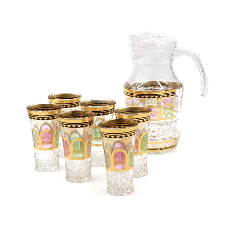 cheap wholesale 6 goblets 1 kettle clear glass goblets kettle sets tea cup sets gold butterfly arab turkish drinking glass set
