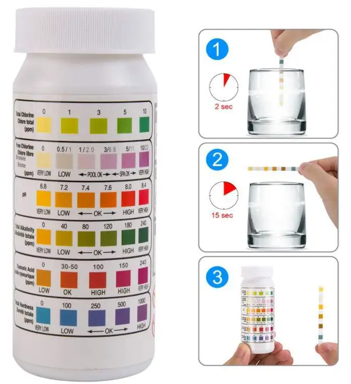 50Pcs 6 In1 Swimming Pool SPA Test Strips Chlorine pH Alkalinity Water Hardness