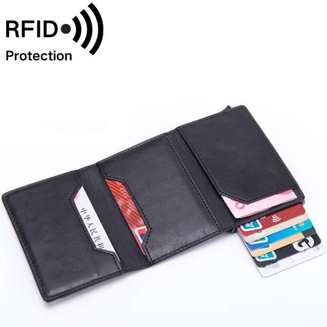RFID Blocking Pop Up Aluminum Case Credit Cards Holder PU Leather Cards Wallet