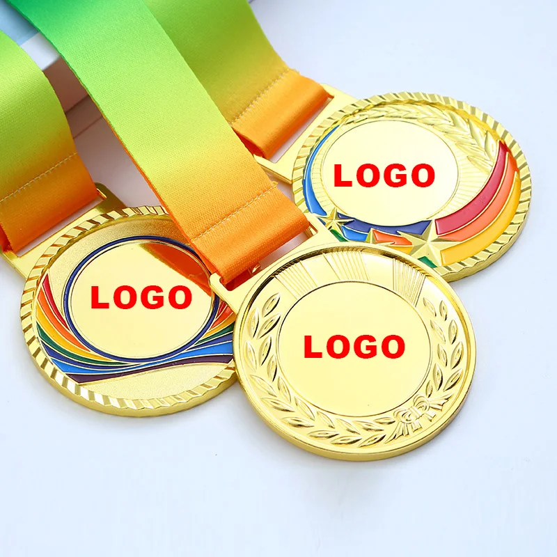 Wholesale OEM Custom logo Marathon Sport Medals Zinc Alloy Race 3D Blank Metal Gold Medal with Ribbon for Souvenir