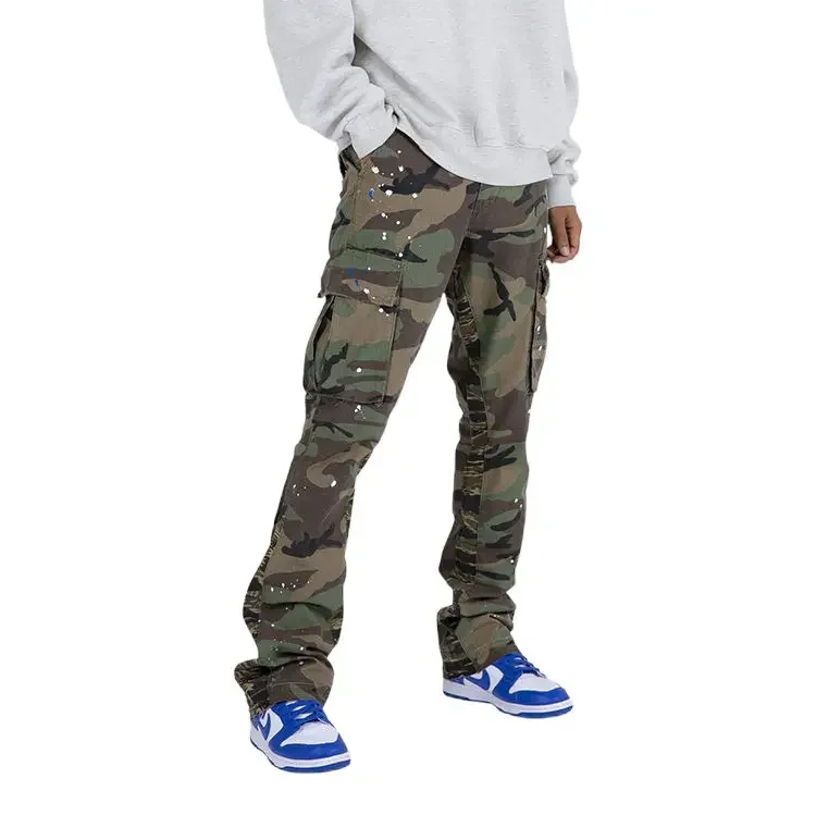 Wholesale custom flared baggy stacked jeans camo work polyester multi pocket high quality tactical jogge mens cargo pants