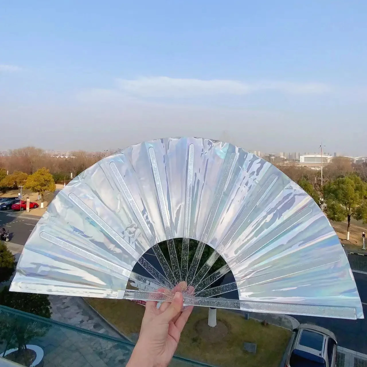 Hot Selling PVC laser film fan hand Silver color Chinese Ancient Wedding Party Plastic hand folding fan