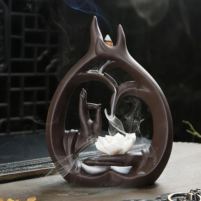 Factory Direct Sale China Censer Creative Buddha Hand Smoke Backflow Incense Burner Lotus Flower Ceramic Incense Holder