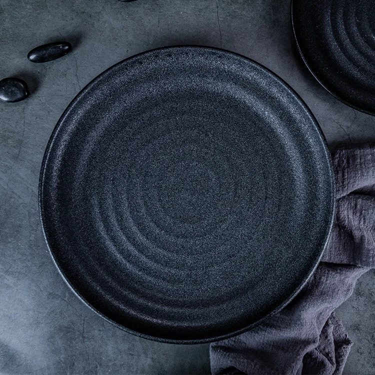 spiral pattern matte black porcelain charger plate wholesale for hotel restaurant dining tableware custom