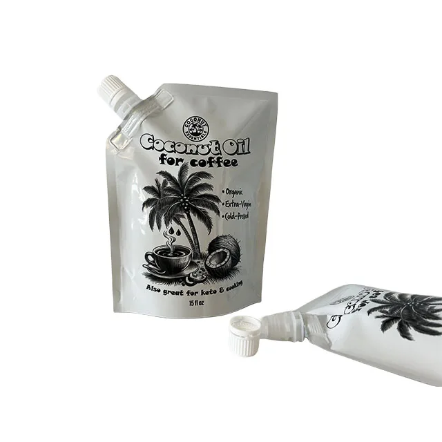 Custom Eco-Friendly Cosmetic Packaging Stand Pouch Barrier Feature Nozzle Spout Cleaning Liquid Milk Jelly Coconut Oil Coffee
