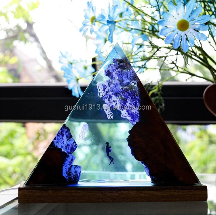 Hot selling DIY triangle wood resin ocean style night light 3D Jellyfish diver handmade lamp LED decoration gift light