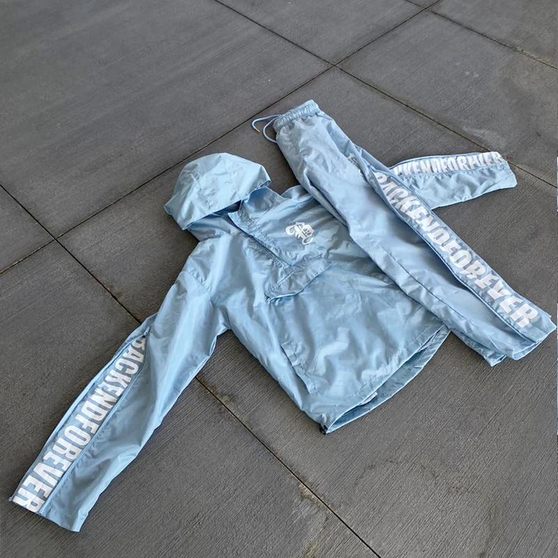 Custom Printed Graphic 2 Piece Windbreaker Tracksuit Baggy Flare Sweatpants And Hoodie Set