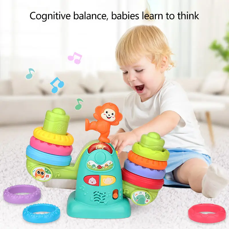 QS Popular Baby Education Toys STEAM Colorful Ring Electric Musical Rainbow Balance Circle Stacking Toys For 3-8 Ages Kids