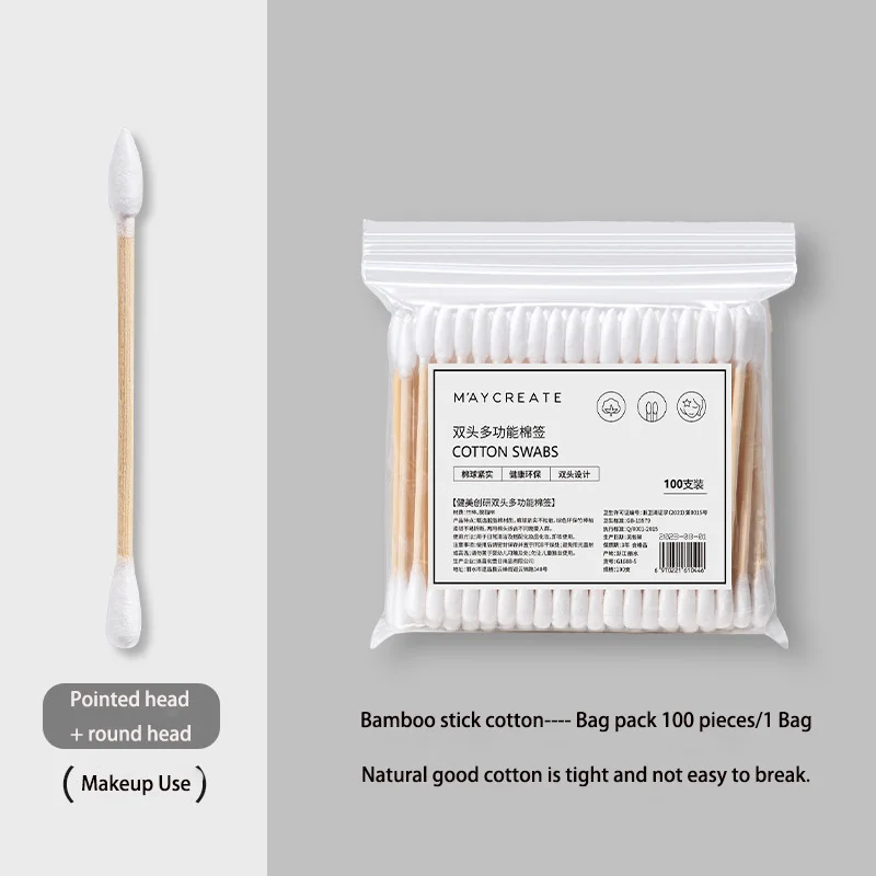 Wholesale Cotton Swab With Bamboo Stick 100pcs Round and Pointed Double-ended Cotton Buds  for Makeup
