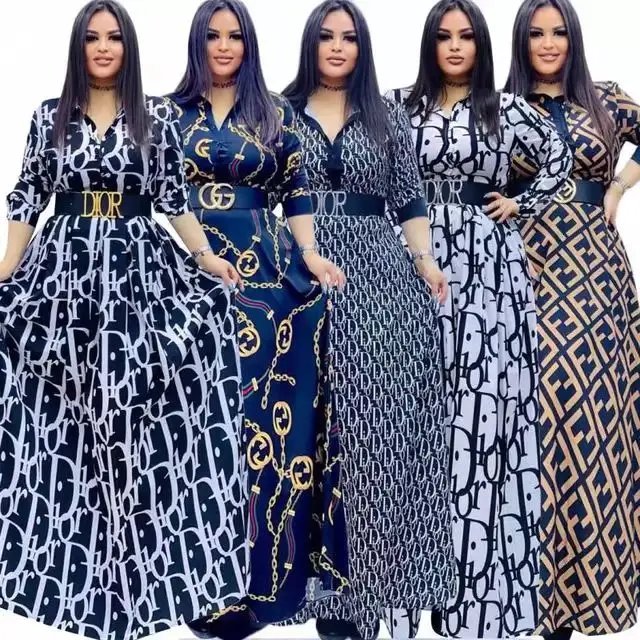 2022 Luxury Brand Fashion Digital Printing Casual Loose Long Sleeve Swing Dress Crew Neck Elegant Plus Size Womens Casual Dress