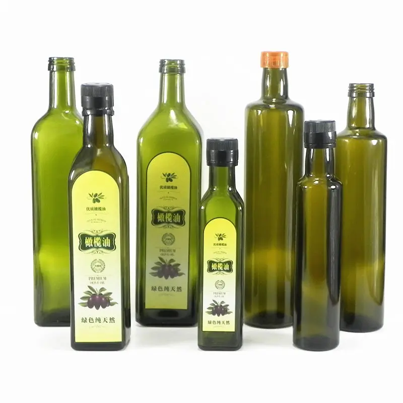 Whole sales Round shape square shape food grade cooking oil olive oil glass bottle clear green brown glass oil bottle