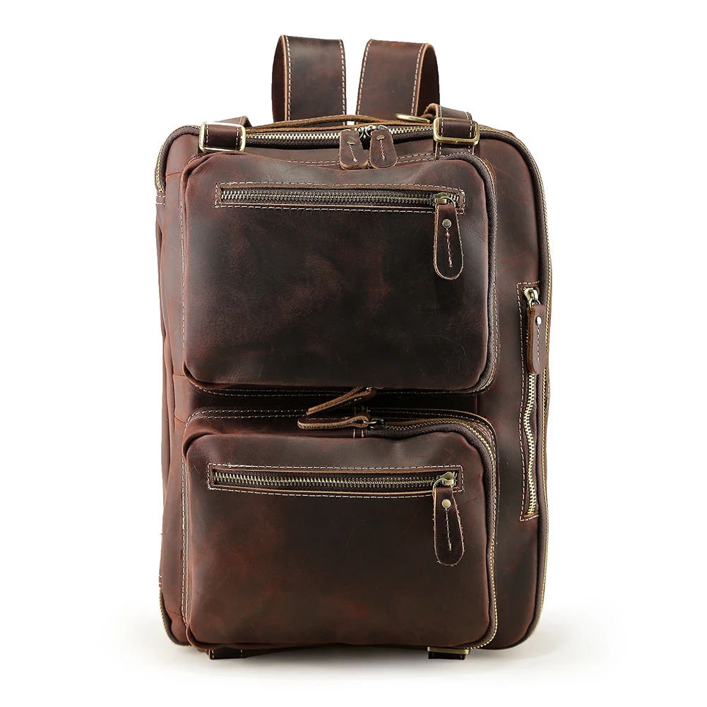 2022 New Design Hot Sale 14 Inches Vintage Crazy Horse Genuine Leather Laptop Bag Men Mini Small Briefcase Backpack