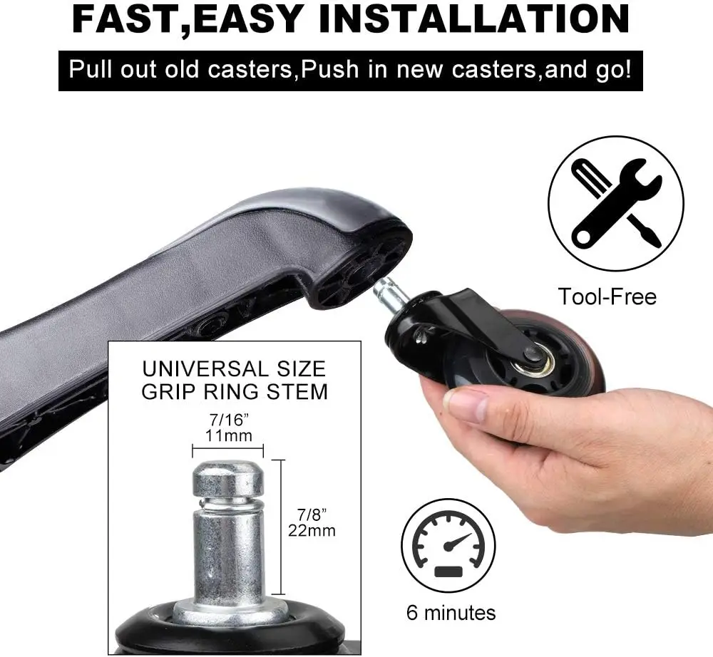 Sound Off Office Chair Caster Wheels without Brake Swivel Furniture Rubber Caster Wheel and Heavy Duty PU 2.5 Inch Black Modern