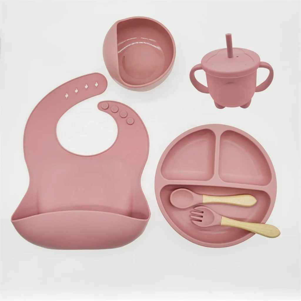 2023 Trending Supplies Eco Friendly Led Weaning Set Baby Tableware 6 PCS Bib Plate Suction Bowls Silicone Baby Feeding Set
