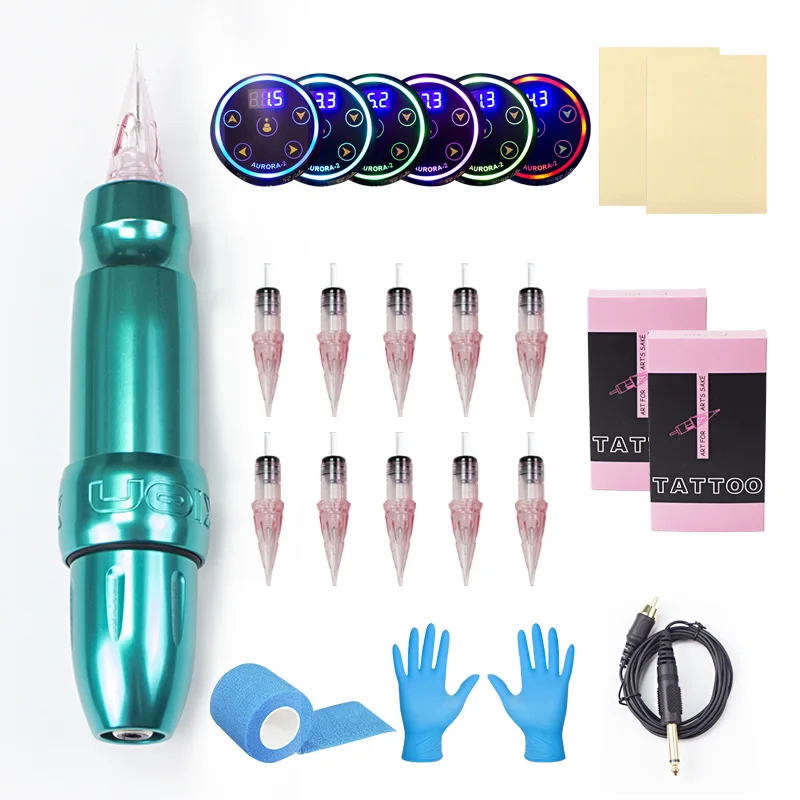 Tattoo Pen Set Complete Rotary Tattoo Machine Kit with Aurora2  Power Supply and 20 Cartridge Needles