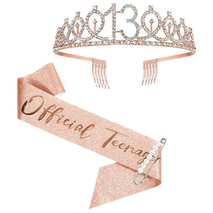 6 13 15 16 18 21 30 40 50 60 70th birthday crown ribbon pin set, alloy diamond hairband, birthday party supplies