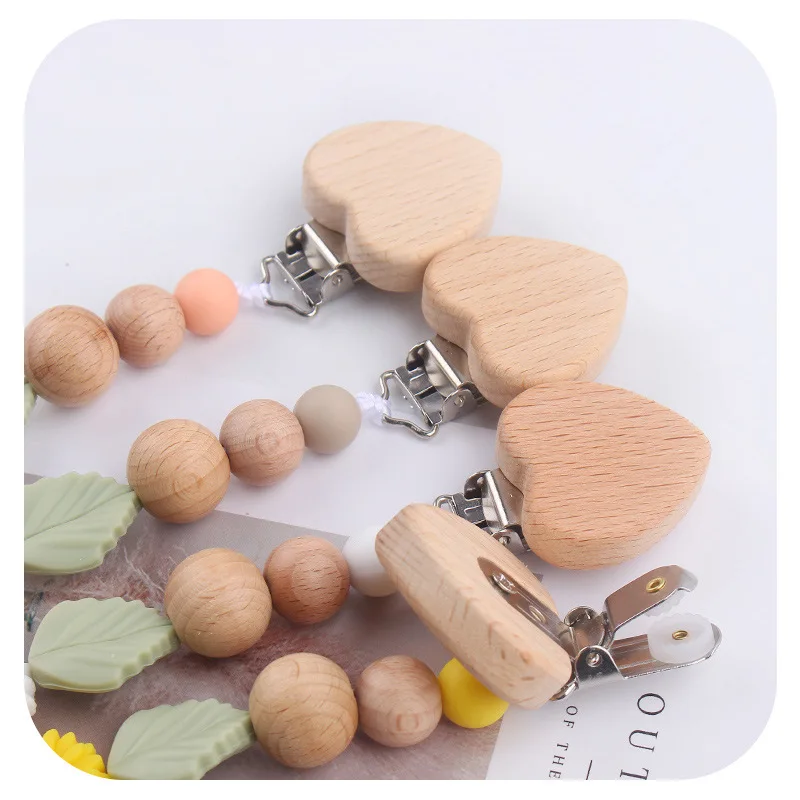 BPA Free Silicone Beads Daisy Pacifiers Clip Chain Wooden Teething Toys Baby Pacifier Clip for New Born Opp Bag Standard