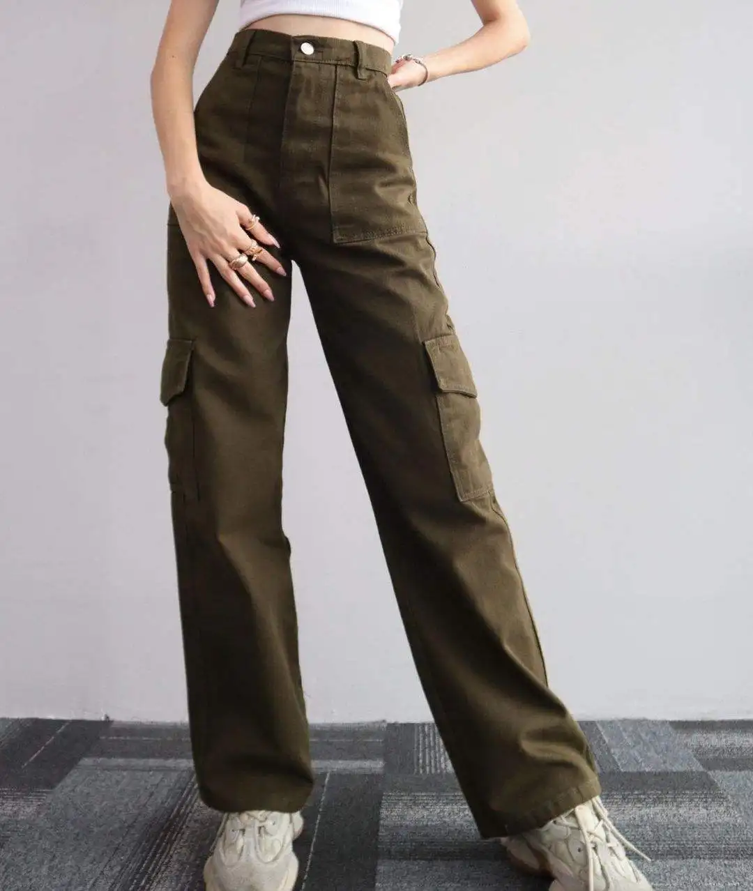 Wholesale cargo pants ladies casual trouser woman clothes pants women high waisted trousers with pocket