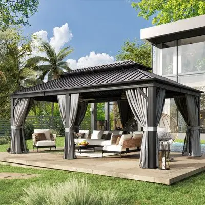 Outdoor Aluminum Gazebo Double Roof Permanent Patio Gazebo Canopy with Netting and Curtains for Garden Patio Lawns Parties
