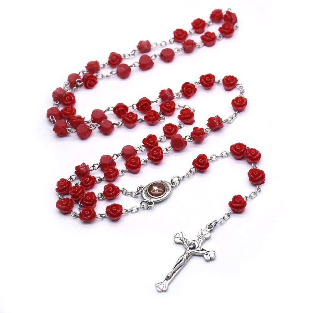 Cristianismo Cruzado Resin Rose Flower Rosary Necklace Virgin Mary Christ Cross Catholic Christian Prayer Beads