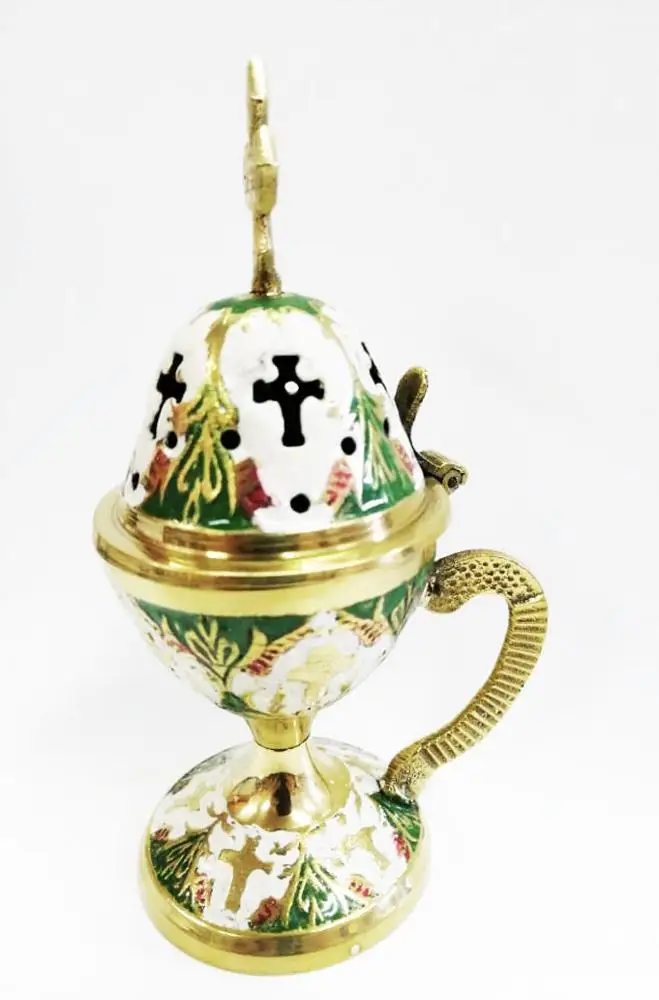 Gold White Green Handpaint Incense Burner - Perfume Burner Gold - Burner Censer - Censer Bronze