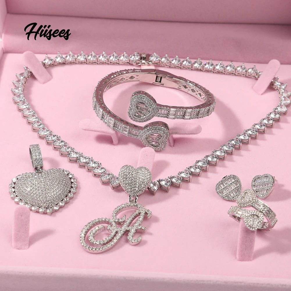 Fashion tennis chain heart bangle rings iced out cz earring necklace bracelet jewelry sets for women