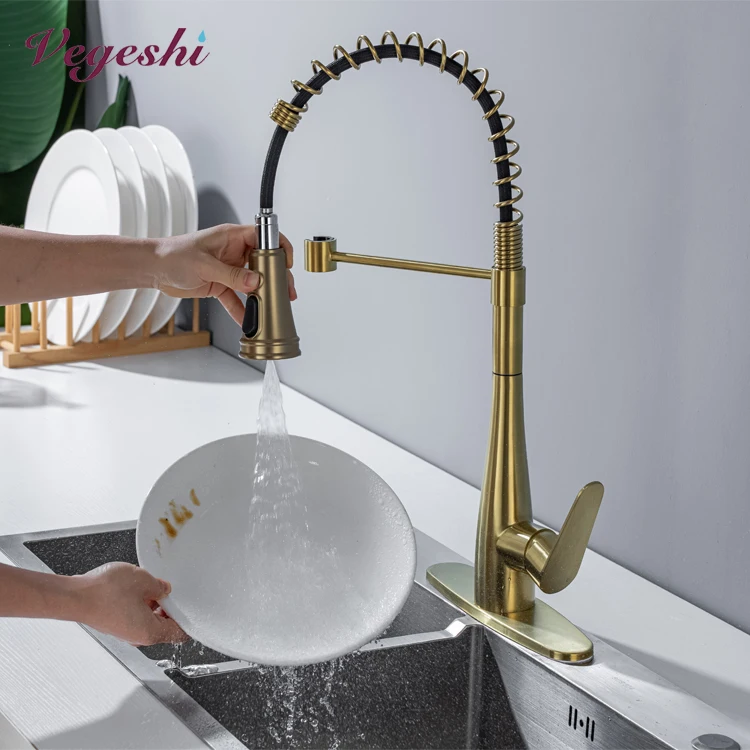 Vegeshi high quality 304 stainless steel kitchen sink faucet cold and hot spring pull down 3 function kitchen faucets with spray