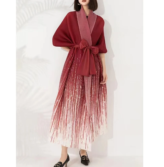 2024 Bohemian High Quality Miyake Abaya Dubai Muslim Pleat Women Dress Turkey Print Plus Size Loose Long Gown  Cardigan Robe