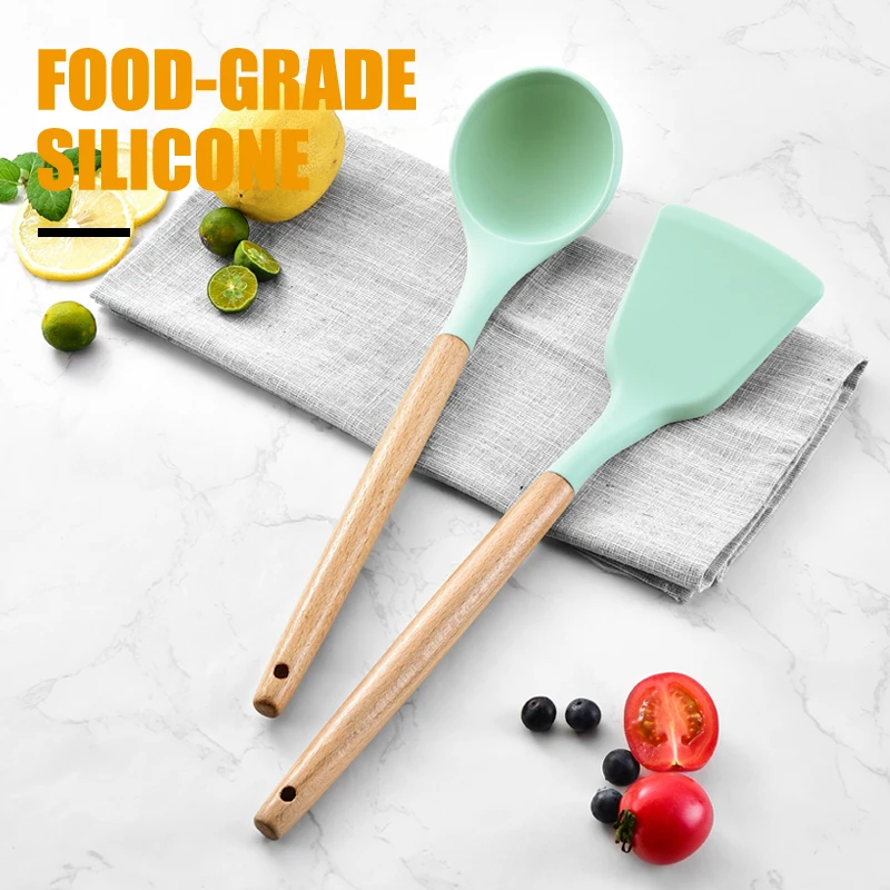 12 шт. в упаковке, Прямая продажа с фабрики деревянная ручка Силиконовая кухонная набор инструментов для приготовления еды силиконовые столовые приборы