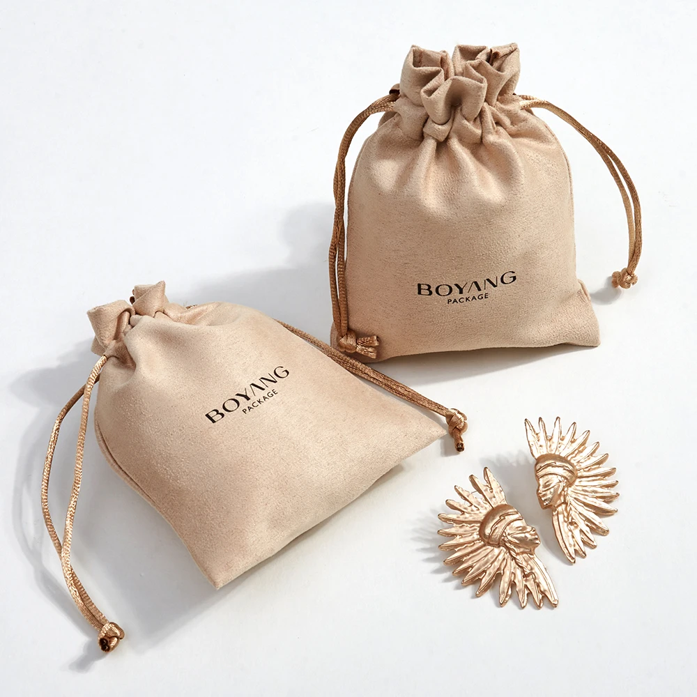 Custom Logo Drawstring Suede Pouch Small Gift Bag Jewelry Packaging Pouch