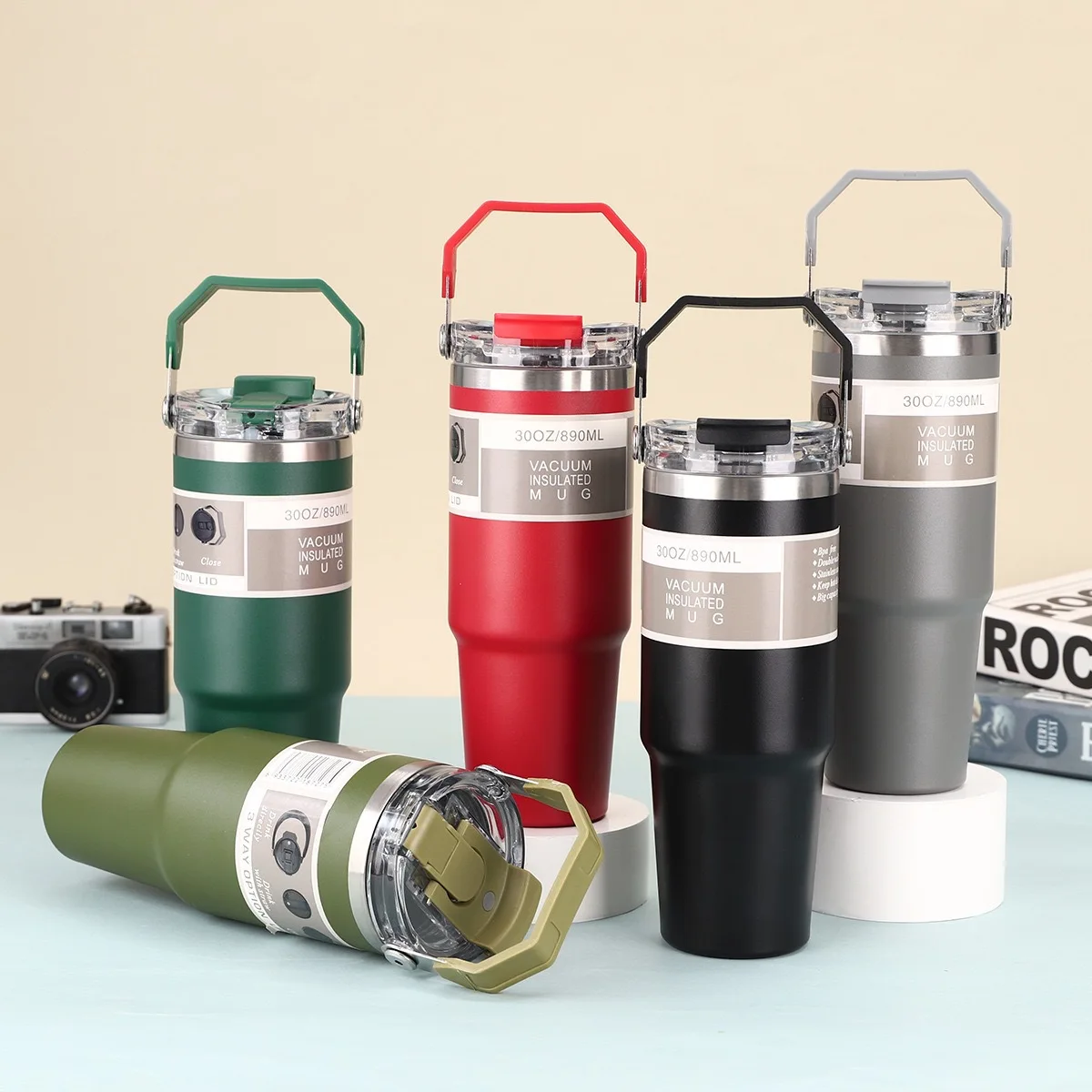 Custom Logo 30oz Powder Coated Double Wall Vacuum 304 Stainless Steel Coffee Mug Cup Travel Tumbler with Lid