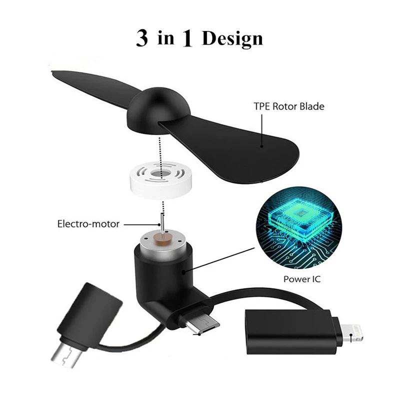 3 в 1 портативный мини-вентилятор для сотового телефона с USB-портом