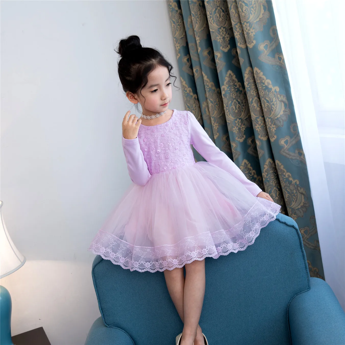 Korean Kids Clothes Spring Autumn Princess Dress Mesh Long Sleeve Solid Color Children Lace Clothing Casual Girls Dress