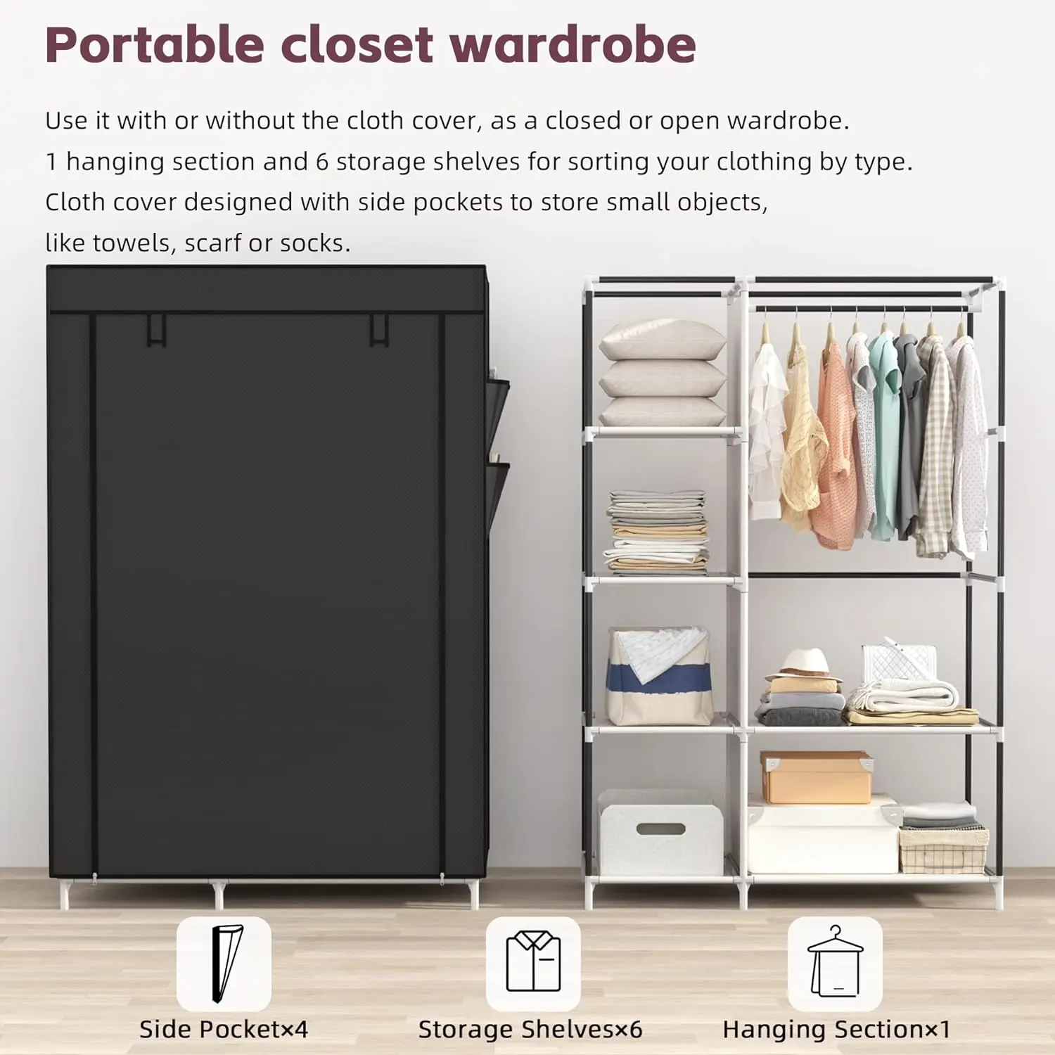 Wardrobe Portable Closet Wardrobe Clothes Storage with 6 Shelves and Hanging Rail,Non-Woven Fabric, Quick and Easy Assembly,Grey