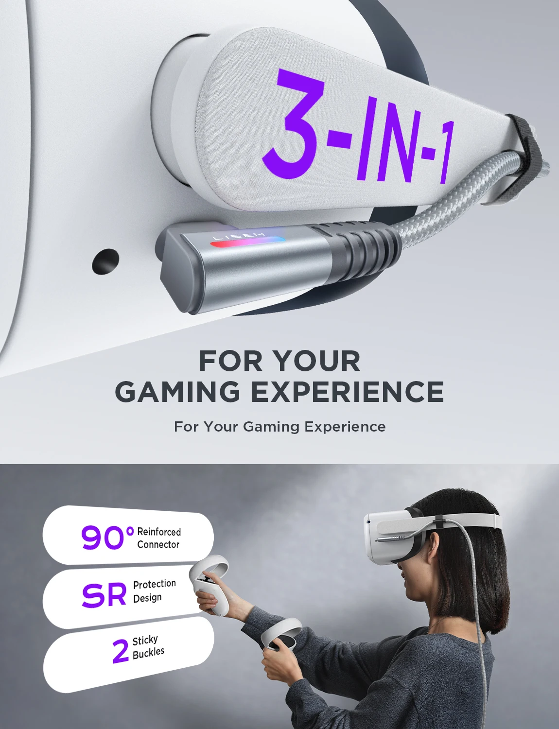 Fast Charging USB 3.0 to USB C Cable for Meta VR Headset and Gaming PC 3 IN 1 Stable Connection Soft Nylon Braided 16ft Cable