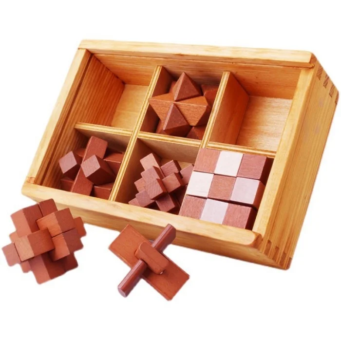 6-in-One 3D Luxury Wooden Brain Puzzle Teaser Kongming Lock for Teens and Adults Includes Storage Box