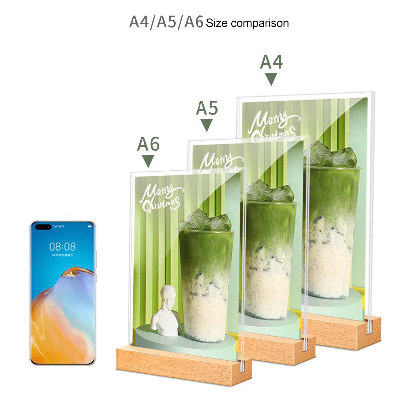 wholesale acrylic sign holders Tabletop Photo Frame Menu Holder Display Stand With Wood Base table numbers holder A4 A5 A6
