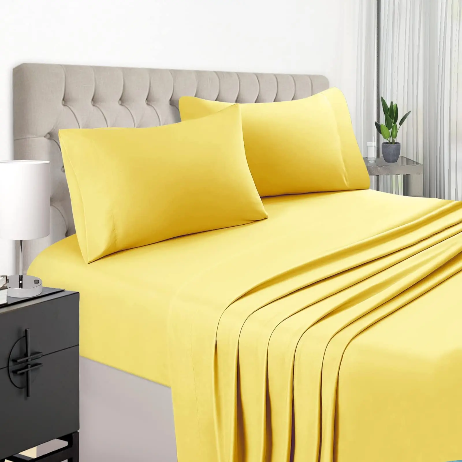 Yellow Sheets for Queen Size Bed Set Deep Pocket to 18 inches Mattress 4 Piece