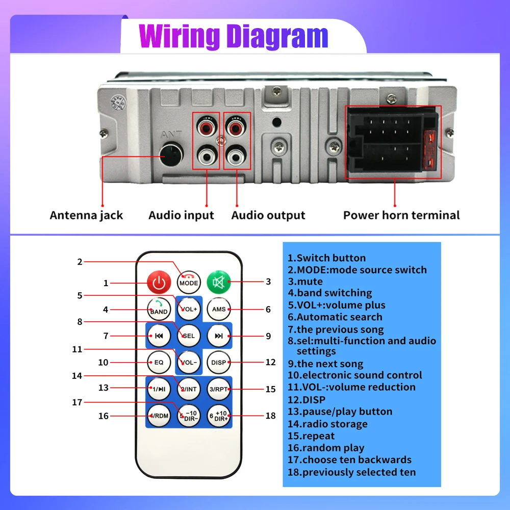 1 din Car Radio MP3 Player FM Tuner Stereo USB Car Audio Stereo SD TF USB Multimedia Autoradio Player Remote Control Bluetooth