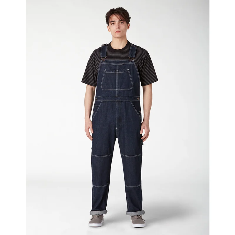 12oz 100% Cotton Denim Rinsed Indigo Blue Heritage Double knee Bib Overalls mens bib overalls