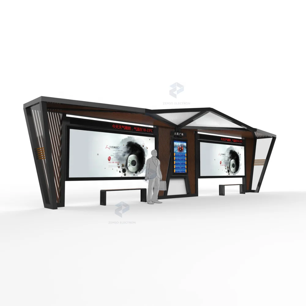 Modern high end smart electronic digital display bus stop, smart bus stop shelter with outdoor LCD screen display