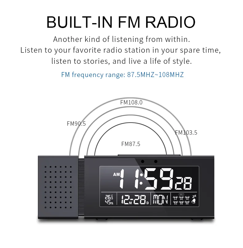 Mini smart alarm clock with FM radio temperature and humidity night light digital clock for desktop